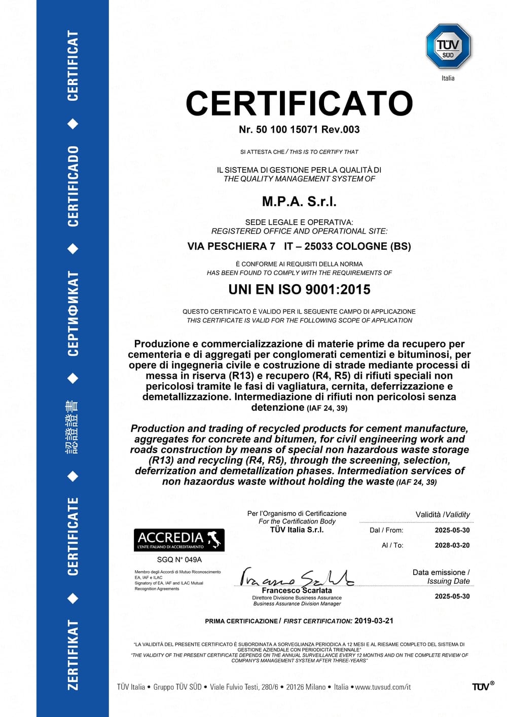 certificato ISO 9001 2015